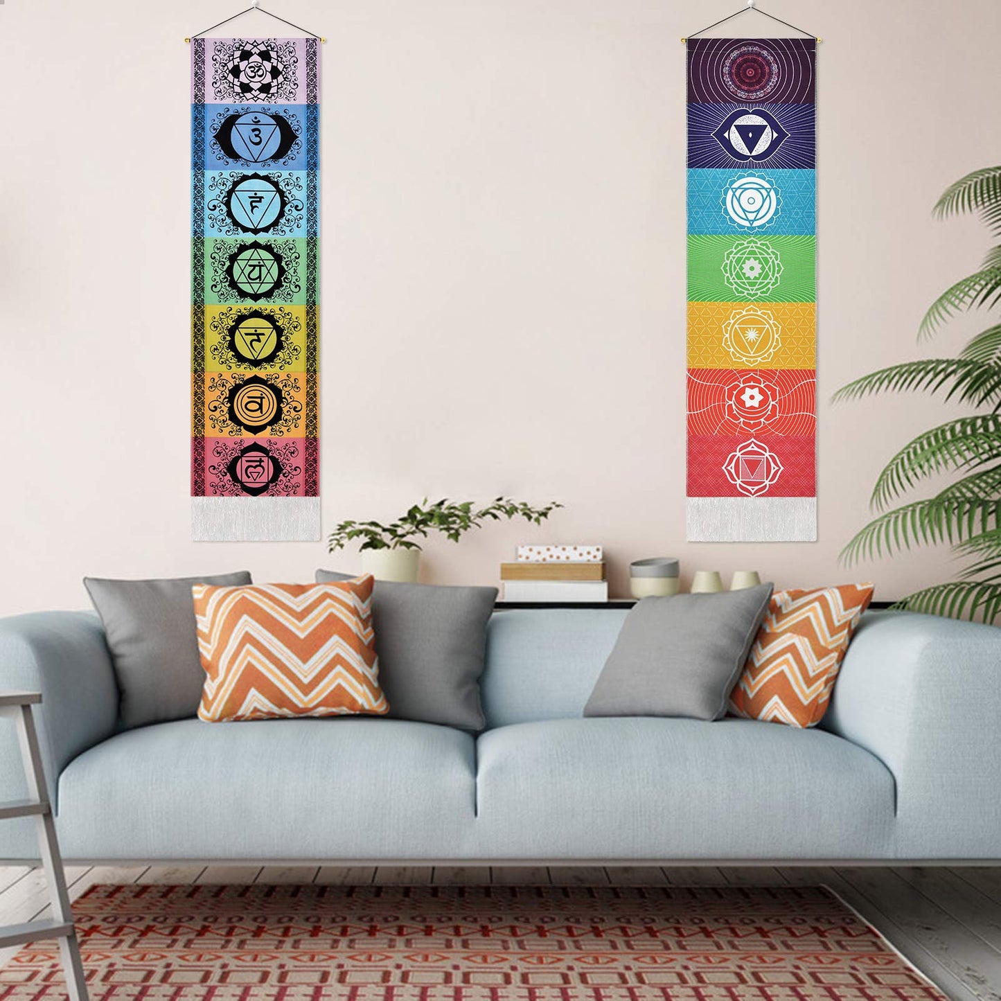 Yugarlibi 2 Pack Chakra Wall Hanging with Tassels, Meditation Yoga Tapestry, Mandala Wall Tapestry for Bedroom and Living Room - 130x32cm