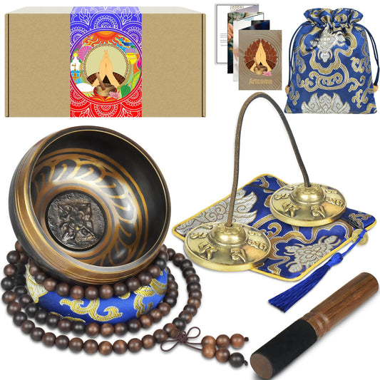 Artcome 7PCS Meditation Set - Tibetan Singing Bowl & Tingsha Cymbals Bells Handmade in Nepal for Meditation, Yoga, Chakra Healing, Stress Relief & Mindfulness