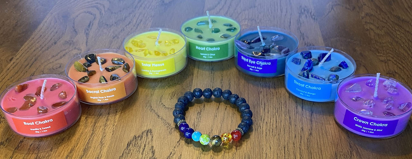 Serenity Crystals Chakra Candle Set - Beautifully Crafted Crystal Infused Candles for Meditation, Healing and Wellness a Suitable Gift for Chakra Spiritual Yoga Meditation, Includes Bracelet