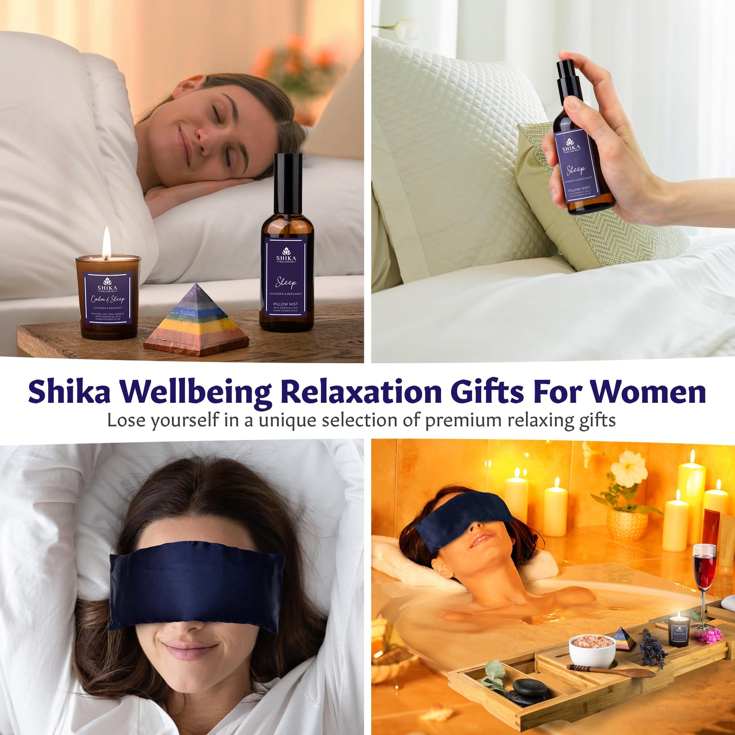 Shika Wellbeing LUXURY SLEEP WELL Pamper Gift Set for Women 100% Silk Lavender Eye Pillow, Pillow Mist, Aromatherapy Candle, Relaxing Bath Salts, 7 Chakra Pyramid Crystal MADE IN UK