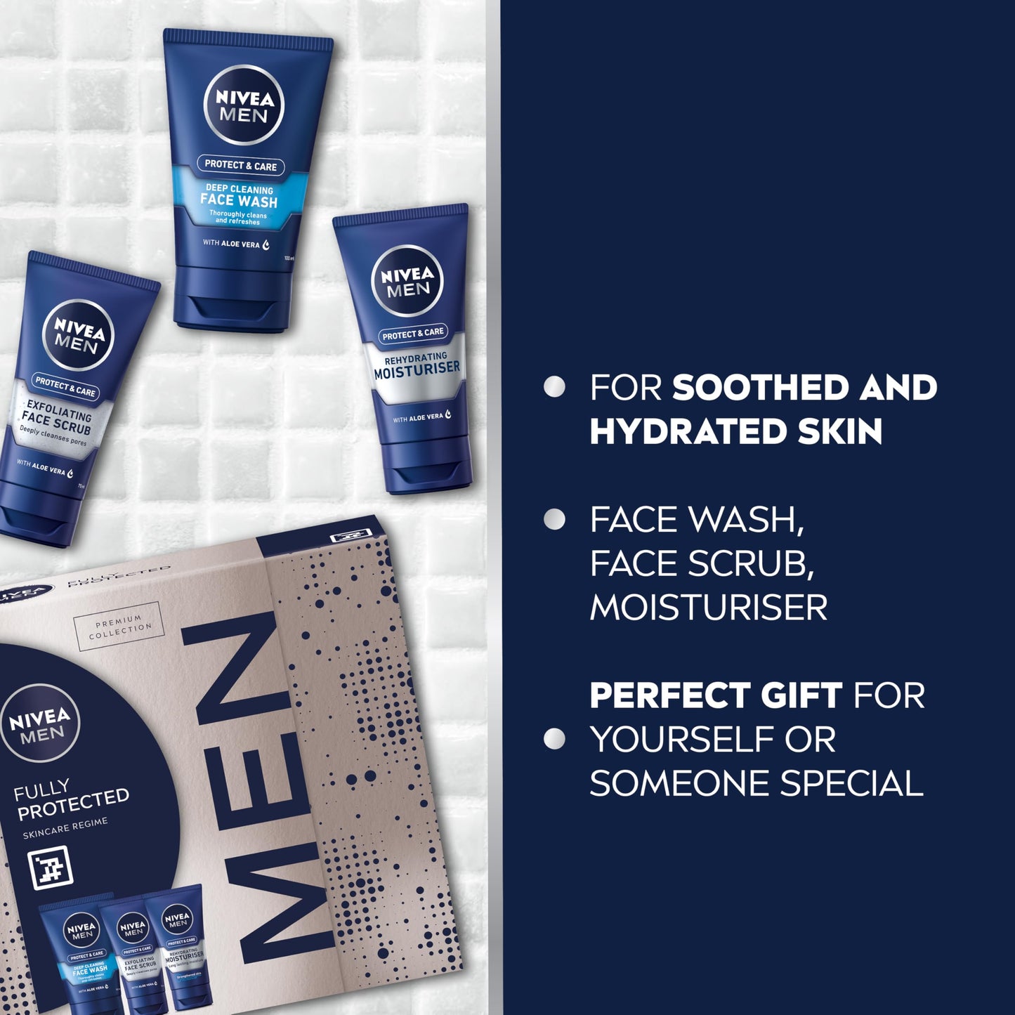 NIVEA MEN Fully Protected Gift Set (3 Products), Men's Skincare Gift Set with Face Wash, Exfoliating Scrub, and Moisturiser, Perfect as Christmas or Birthday Gift for Him
