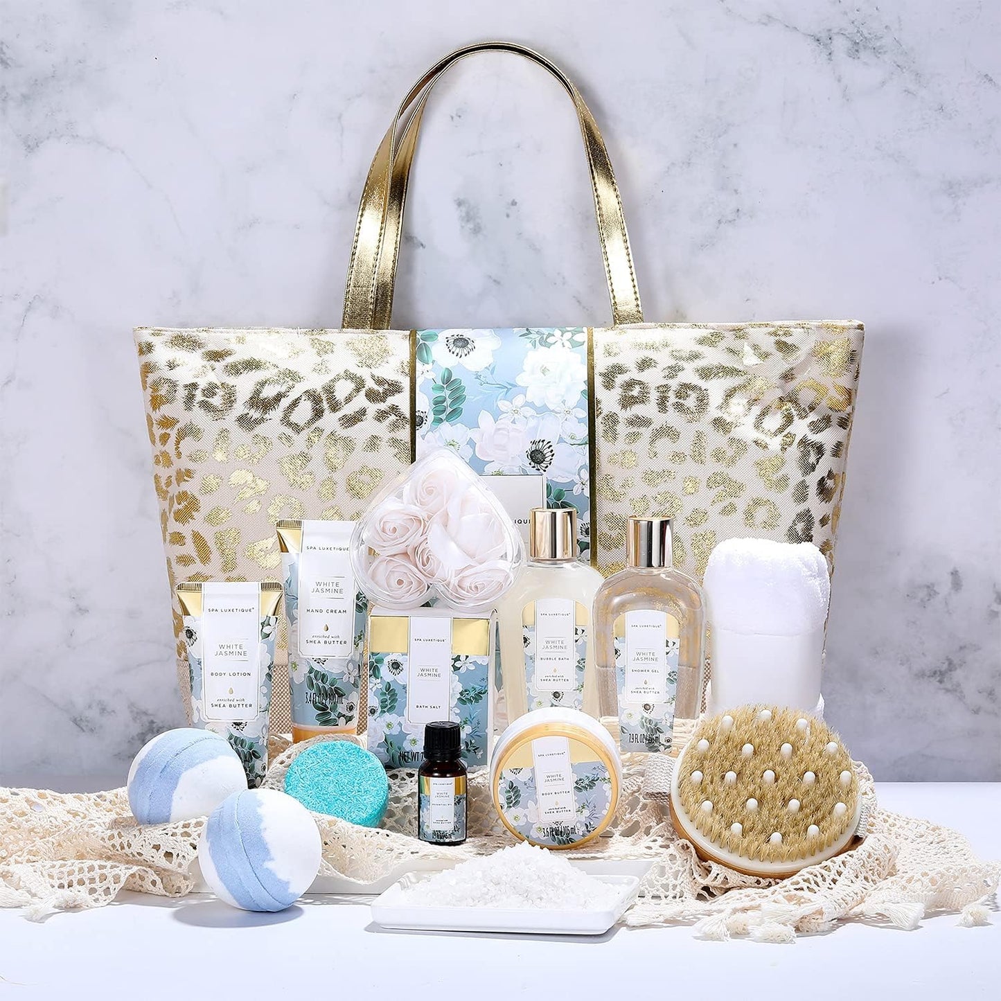 Bath Sets for Women-Spa Luxetique Spa Gift Set,15pcs Jasmine Luxury Bath Gift with Essential Oil, Bubble Bath, Body Butter, Gifts for Mum, Womens Gift Sets, Birthday Gifts for Her, Mothers Day Gifts