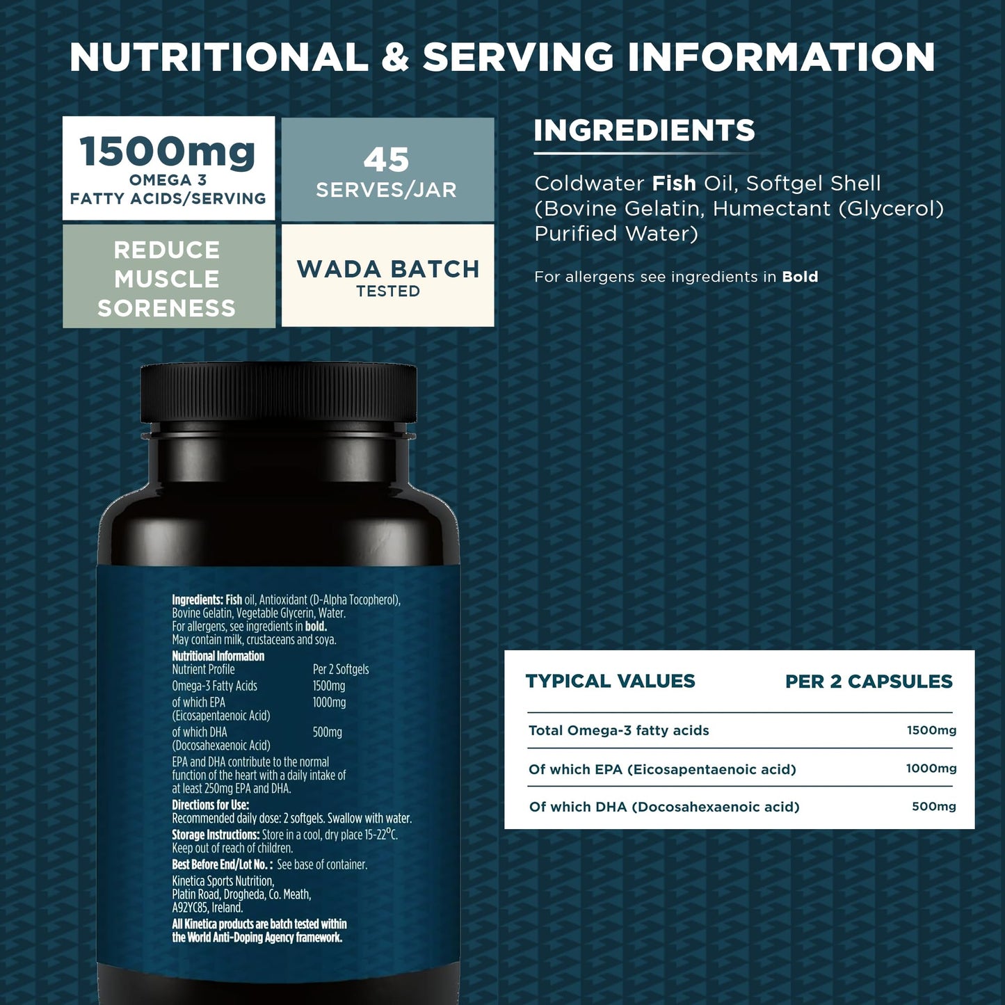Kinetica Sports Omega-3 Fish Oil | 1500mg Omega-3 Fatty Acids, 1000mg EPA & 500mg DHA/Serve, 45 Servings/90 Capsule Pack | 2 Capsules/Day | Reduces Muscle Soreness with Anti-Inflammatory Properties