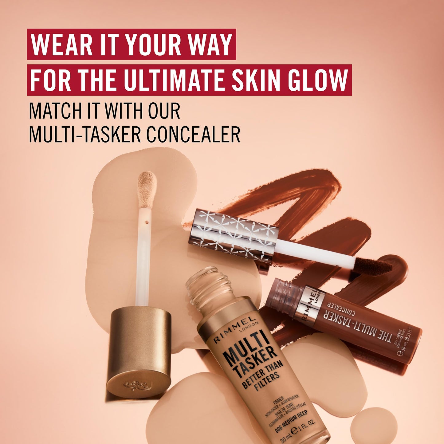 Rimmel Multi Tasker Better Than Filters, 3 in 1 skin primer, glow booster, and highlighter for a natural smooth glow, Infused with Vitamins C, Vegan & Cruelty-Free, 004 Light Medium