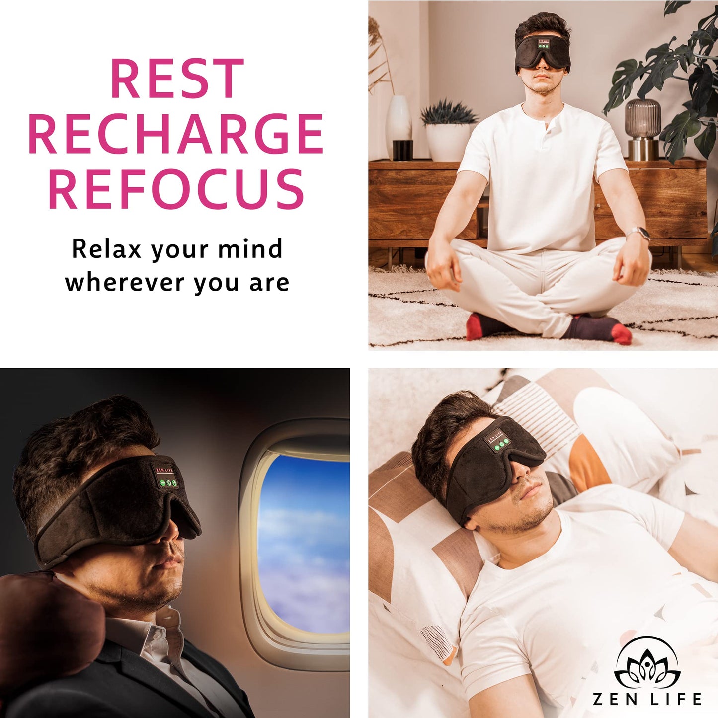 Zen Life Sleep Headphones, Ergonomic 3D Bluetooth Sleep mask, Perfect for Side Sleeping with Ultra Thin Soft Speakers, Blocks Light, Spotify Playlists Included, UK Based Company.
