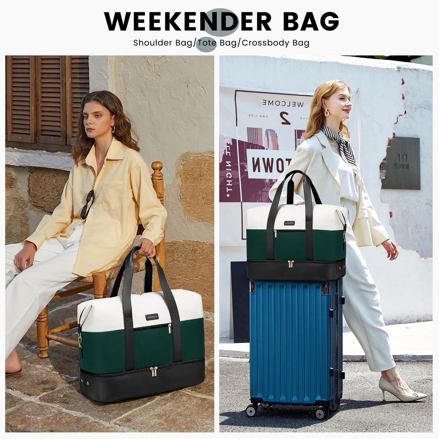 LOVEVOOK Travel Weekend Bag for Women, Waterproof Overnight Hospital Holdall Bags with Shoes Compartment & Trolley Sleeve, Travel Duffle Cabin Carry On Hand Luggage Bag for Ryanair easyJet