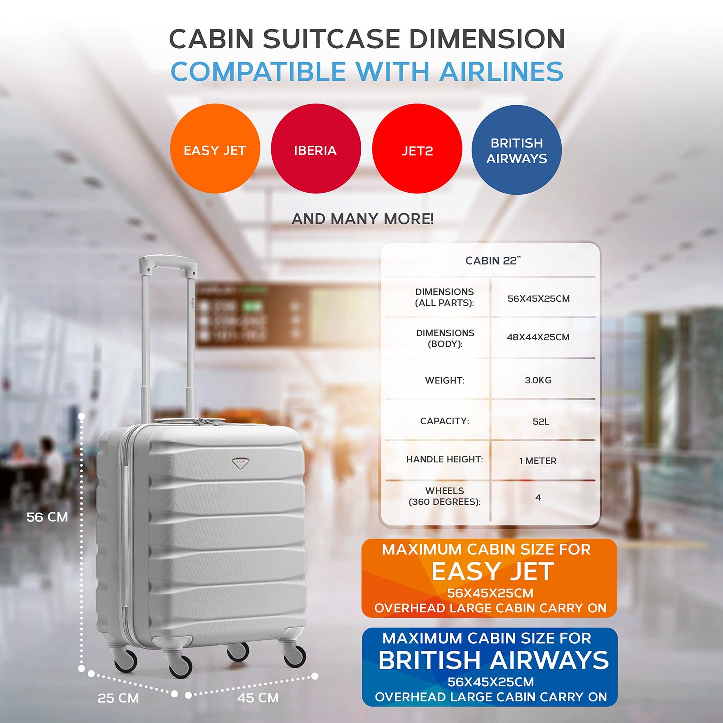 Flight Knight 56x45x25 EasyJet Cabin Bag, Jet2, British Airways Suitcase - Lightweight Small Durable 4-Wheel Cabin Case, Maximum Carry-On Size, ABS Hard Shell, 10kg Hand Luggage Bag- 56 x 45 x 25