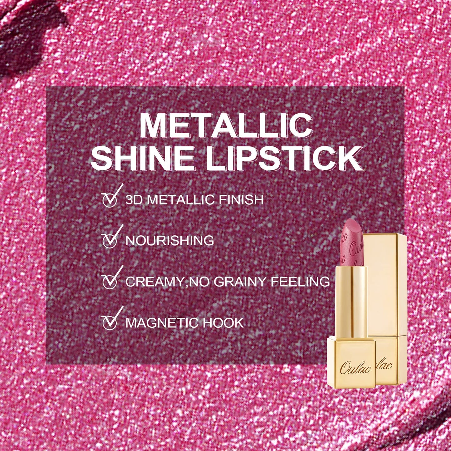 OULAC Metallic Shine Glitter Lipstick, Pink High Impact Lipcolor, Lightweight Soft and Ultra Hydrating, Long Lasting, Vegan & Cruelty-Free, Full-Coverage Lip Color 4.3 g/0.15 HIP & HIPPIE(11)