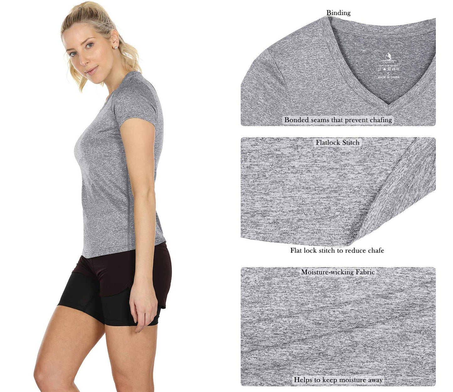 icyzone Women's Sport T-Shirt Yoga Fitness V-Neck Short-Sleeve Tops Workout Running Shirt, 3 Pack (XL, Black/Granite/Blue)