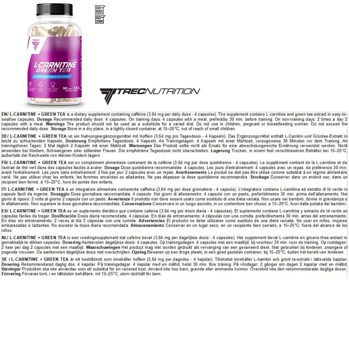TREC Nutrition L-CARNITINE + Green Tea | Turn Fat into Energy | Weight Loss Metabolism Booster | 90 Capsules
