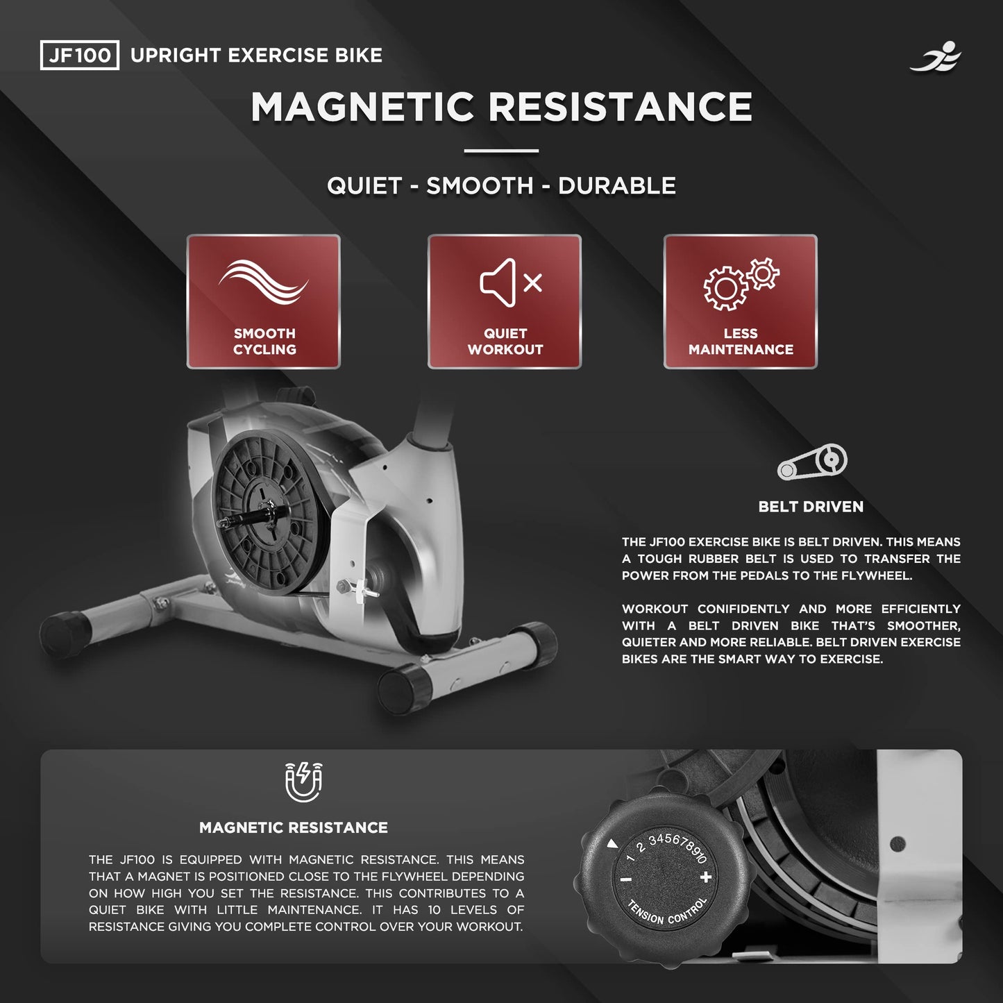 JLL® JF100 Home Exercise Bike, 2025 New Adjustable Magnetic Resistance Cardio Workout, 4kg Bi-Directional Flywheel, Display with Heart-Rate Sensor, Adjustable Handlebars & Seat Height