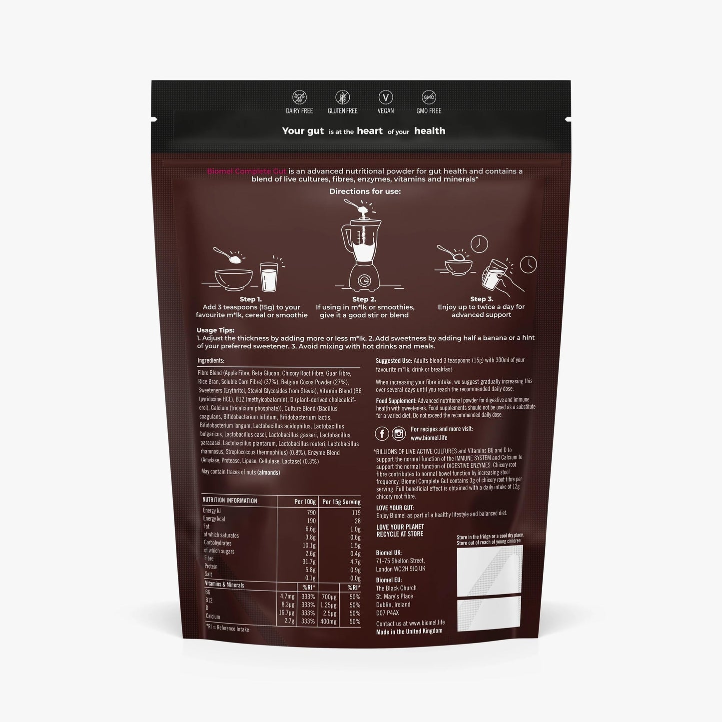 Biomel Complete Gut - Belgian Chocolate - 4 in 1 Gut Health Powder with Diverse Fibres - 450g/30 Servings - Vegan Friendly - Gluten Free - Live Cultures for Gut Health - Delicious & Effective