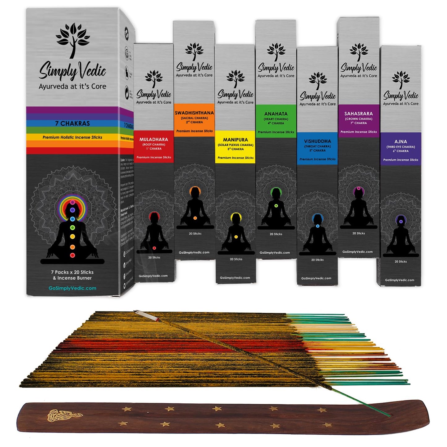 Simply Vedic 7 Chakra Incense Sticks Variety Pack with Holder, Set of 7 (140 Sticks) for Chakra Activation, Healing, Meditation, Yoga, Rituals, Aromatherapy, Energy Cleansing, Natural Handmade Incense