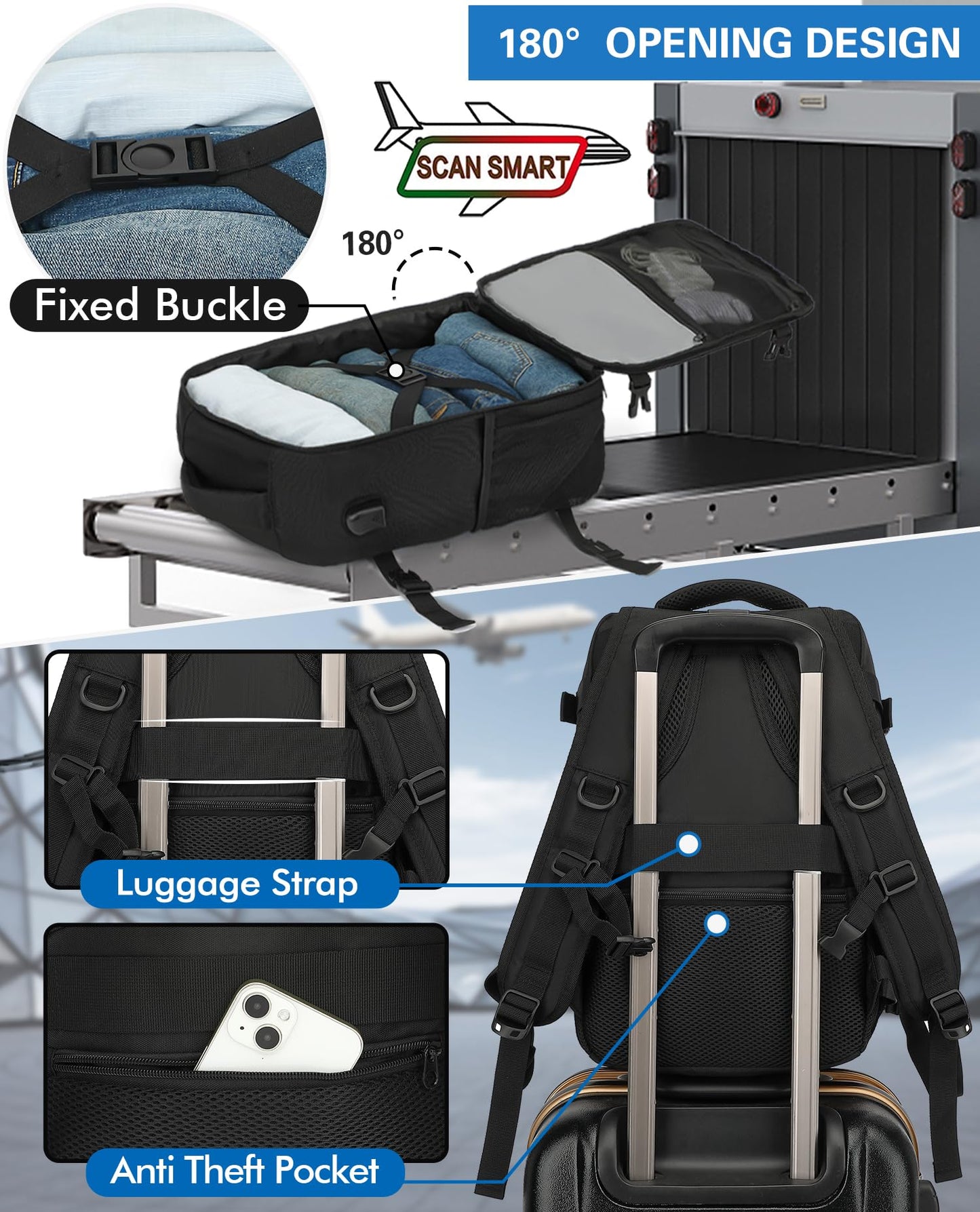 KLOSTAIN Cabin Bags 40x20x25 for Ryanair Underseat Travel Backpack Hand Luggage Carry-ons Bag Cabin Size 20L for Airplanes Flight Ruscksack Black