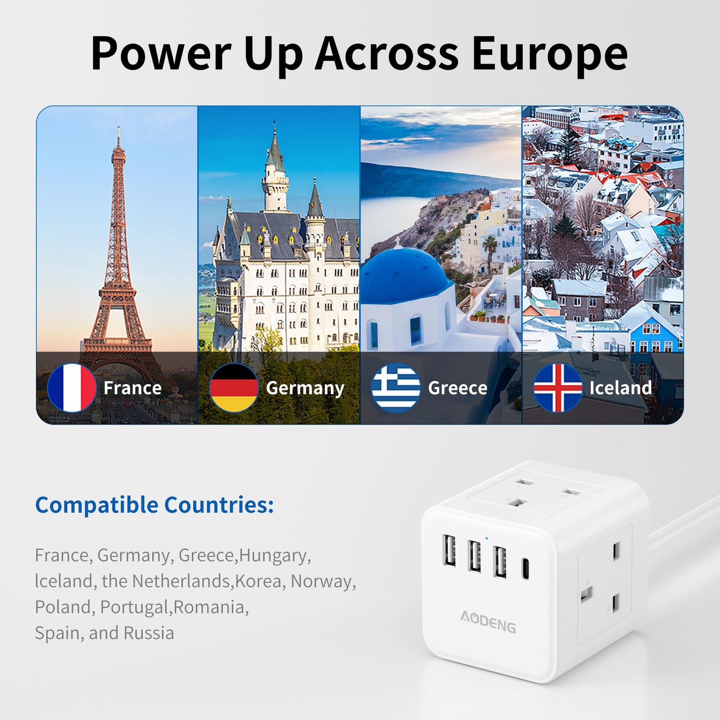 UK to European Plug Adapter with 1.5M Extension Cable, Aodeng 4 Way Travel Extension Lead with 4 USB Compact Type E/F Travel Adapter for Germany France Spain Poland Greece Netherlands etc.