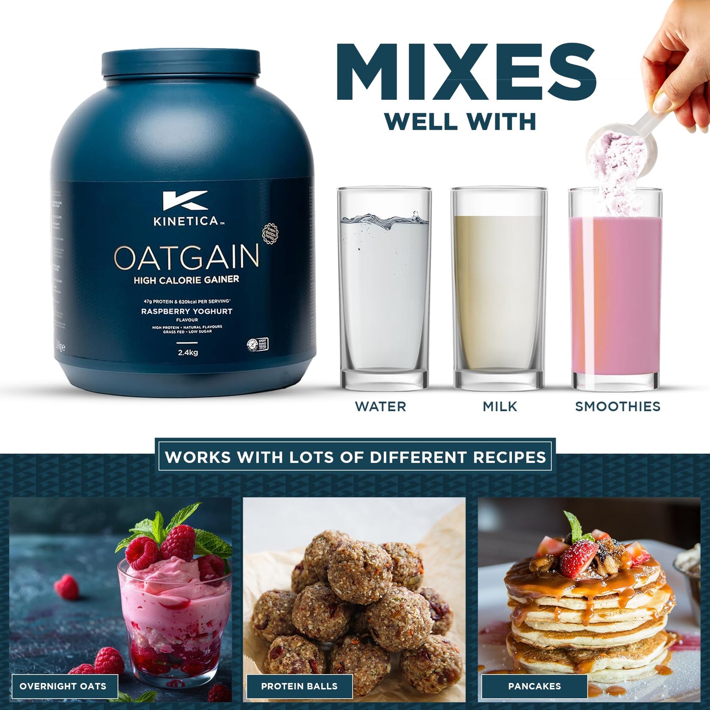 Kinetica Sports OatGain Weight Gainer - Raspberry Yoghurt Flavour | 630 Cal, 46g Protein & 82g Carbs/Serve, 15 Servings/2.4Kg | Optimum Grass Fed Protein Supplement | High Calorie & Easy Mixability