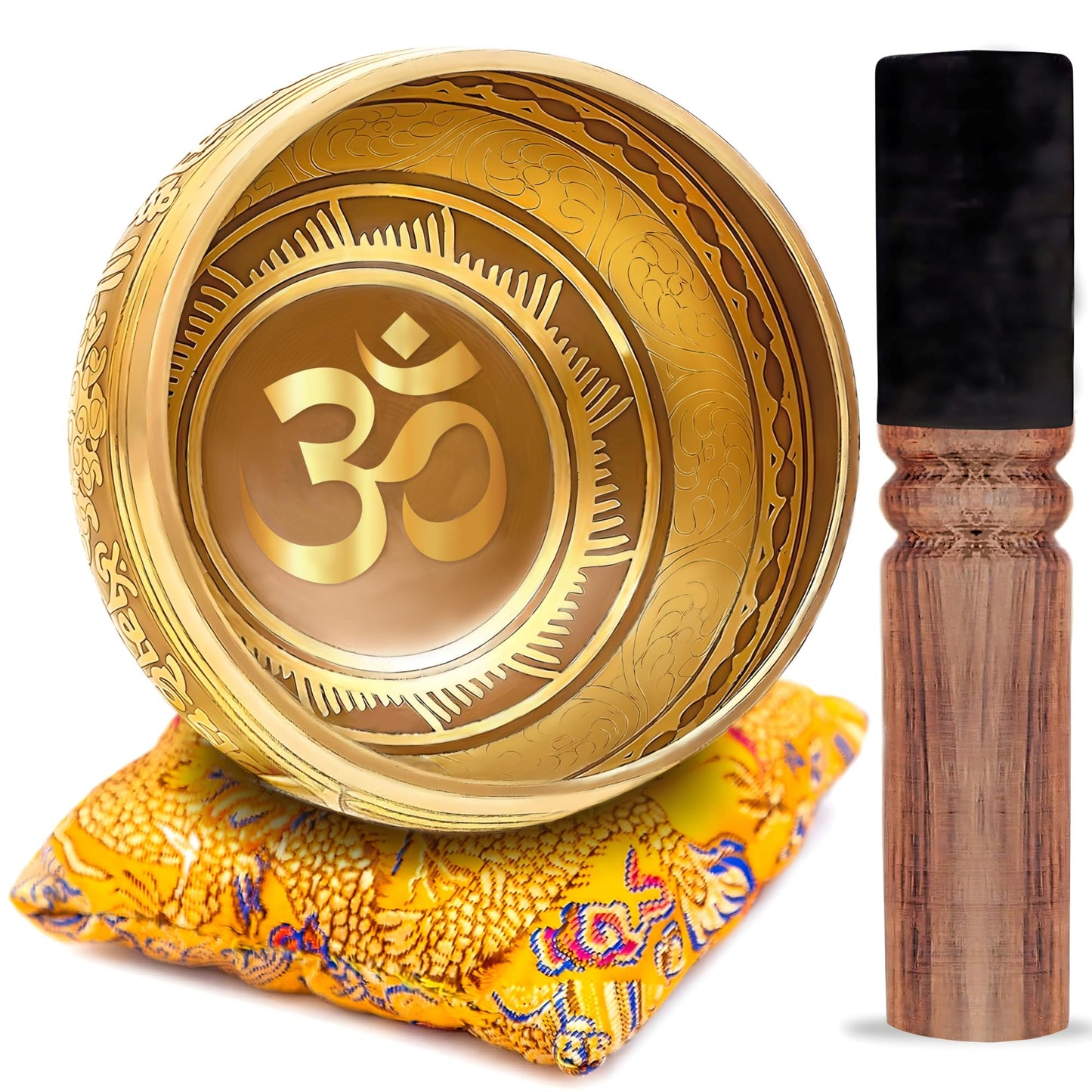 Tibetan Singing Bowl Set - Easy To Play - Om Design For Meditation Sound Chakra Yoga Healing 4 Inches By Himalayan Bazaar (Gold & Yellow)