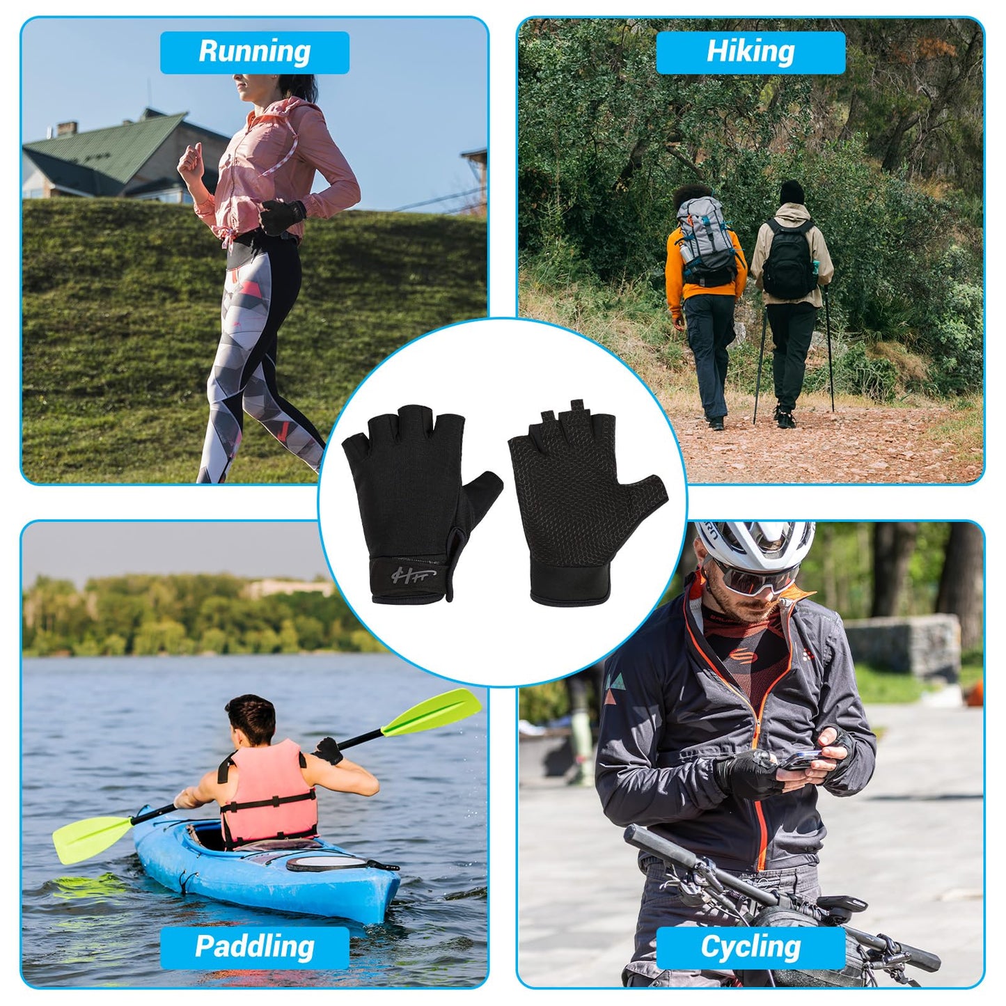 Fingerless Gloves Fishing Gloves Water Anti-Slip Sun Protection Gloves Performance Adjustable Gloves for Men Women Kayaking Paddling Climbing Biking Sailing Training Sport Fitness (Black, M)