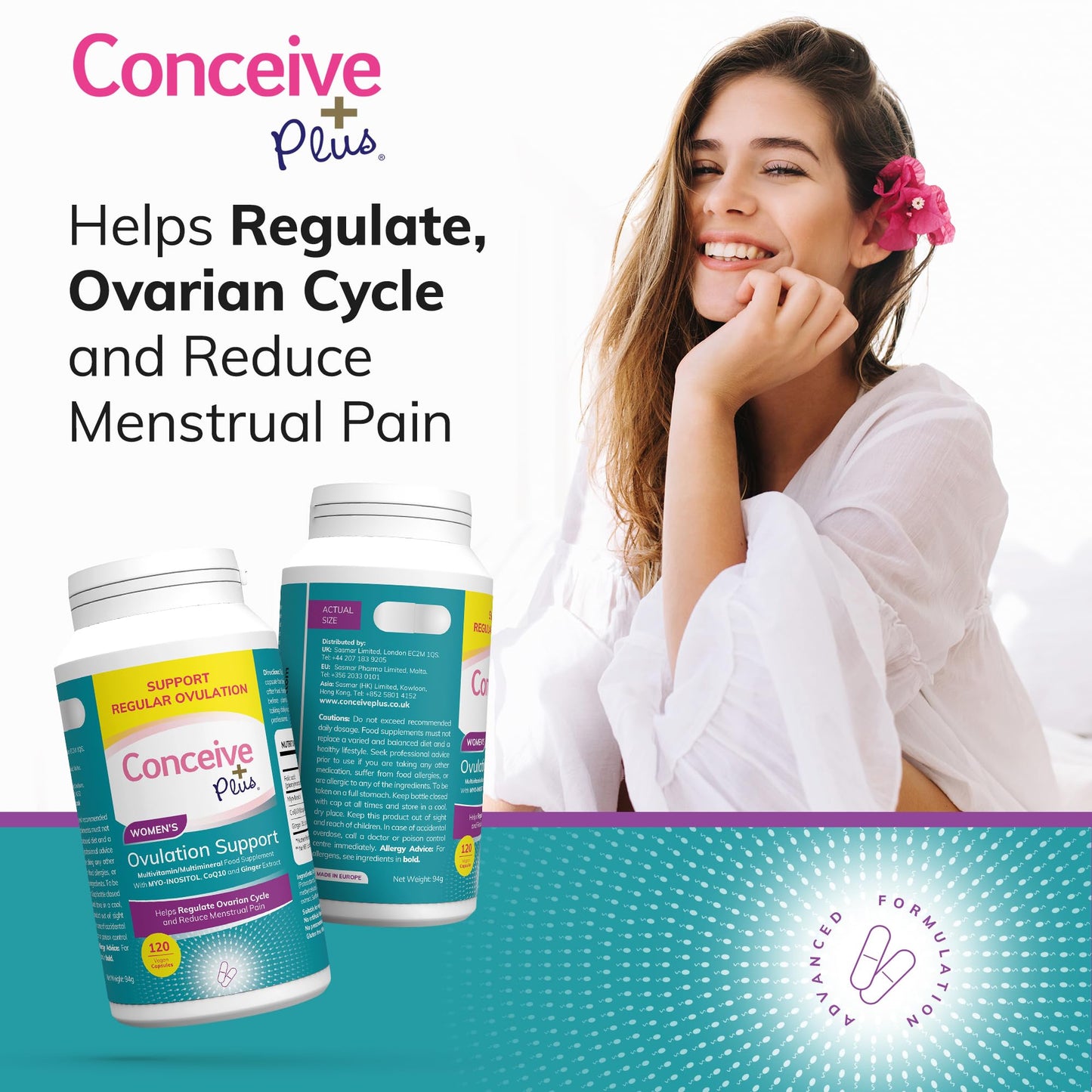 Conceive Plus Ovulation Support - PCOS Supplement for Fertility, Myo-Inositol & D-Chiro Inositol, Folate, Ginger and CoQ10 - Ovulation Supplement, Hormone Balance for Women - 120 Capsules