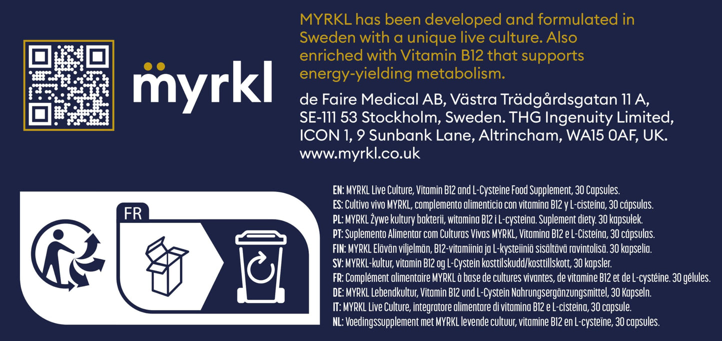 Myrkl, Unique Formula of Probiotics & L Cysteine, Vitamin B12 which Helps Reduce Tiredness and Fatigue, Helps Morning Energy, Food Supplement, Natural, Vegan, 30 Capsules