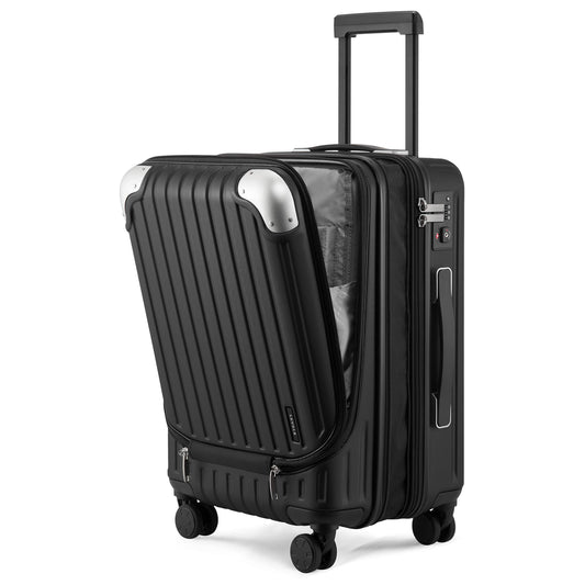 LEVEL8 Carry on Suitcase, 55CM Hand Luggage Expandable with Laptop Compartment, ABS+PC Hardshell Spinner Trolley Cabin Size with 4 Wheels, TSA, Black