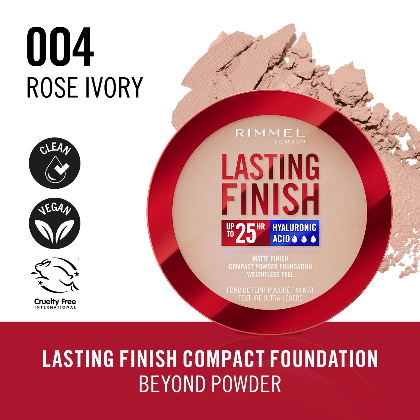 Rimmel Lasting Finish 25 HR Compact Foundation 004 Rose Ivory, Matte Buildable Coverage, Powder-to-Cream, Anti-Pollution Shields, SPF 20, Hyaluronic Acid, Waterproof, Hides Imperfections