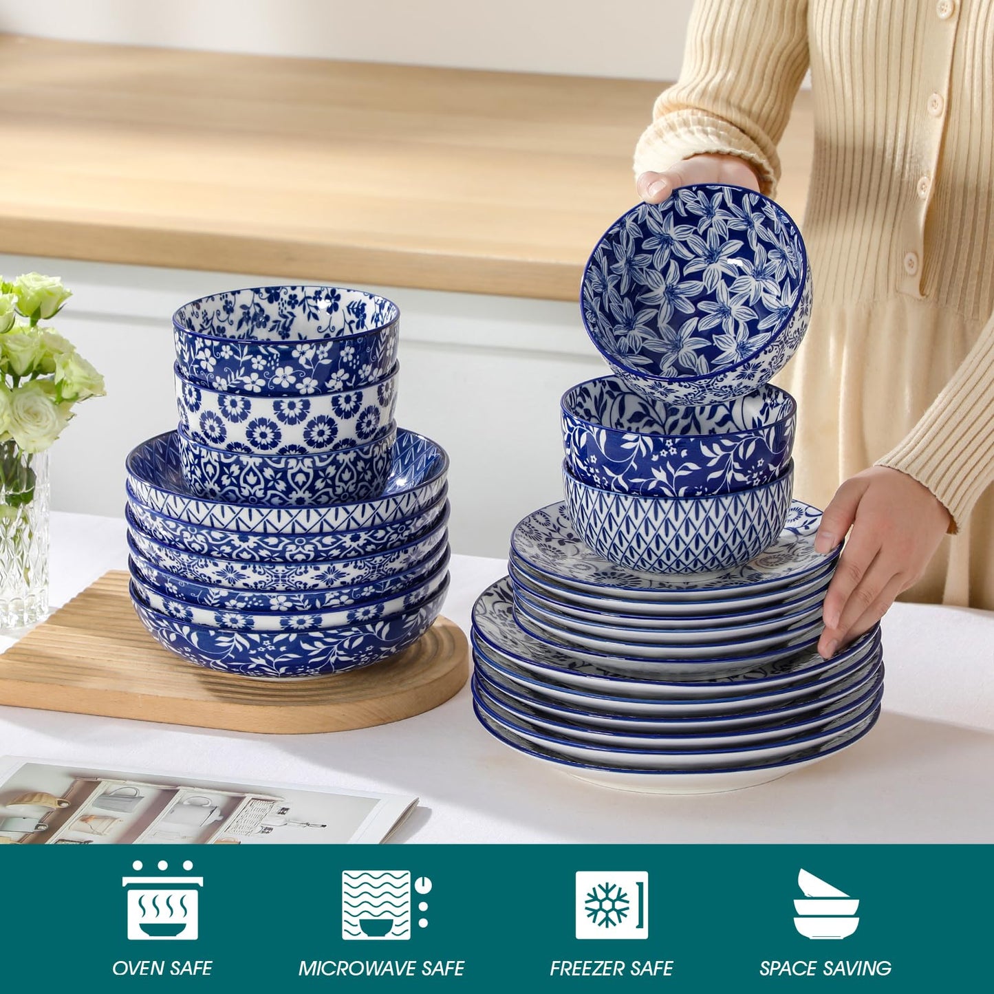 vancasso Selene Plates and Bowls Set, 24 Pieces Vintage Blue Porcelain Dinner Sets for 6 People Scratch Resistant Dinnerware Sets Crockery Set, Mircowave Dishwasher Safe Dishes Set