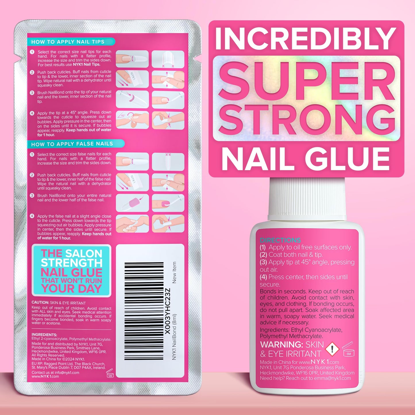 Super Strong Nail Glue for Press On Nails, Tips & False Nails (8ml) NYK1 NailBond Brush On Nail Glue Extra Strong for Press Ons, Tips & Acrylics - Long Lasting, Maximum Strength, Mess-Free Application