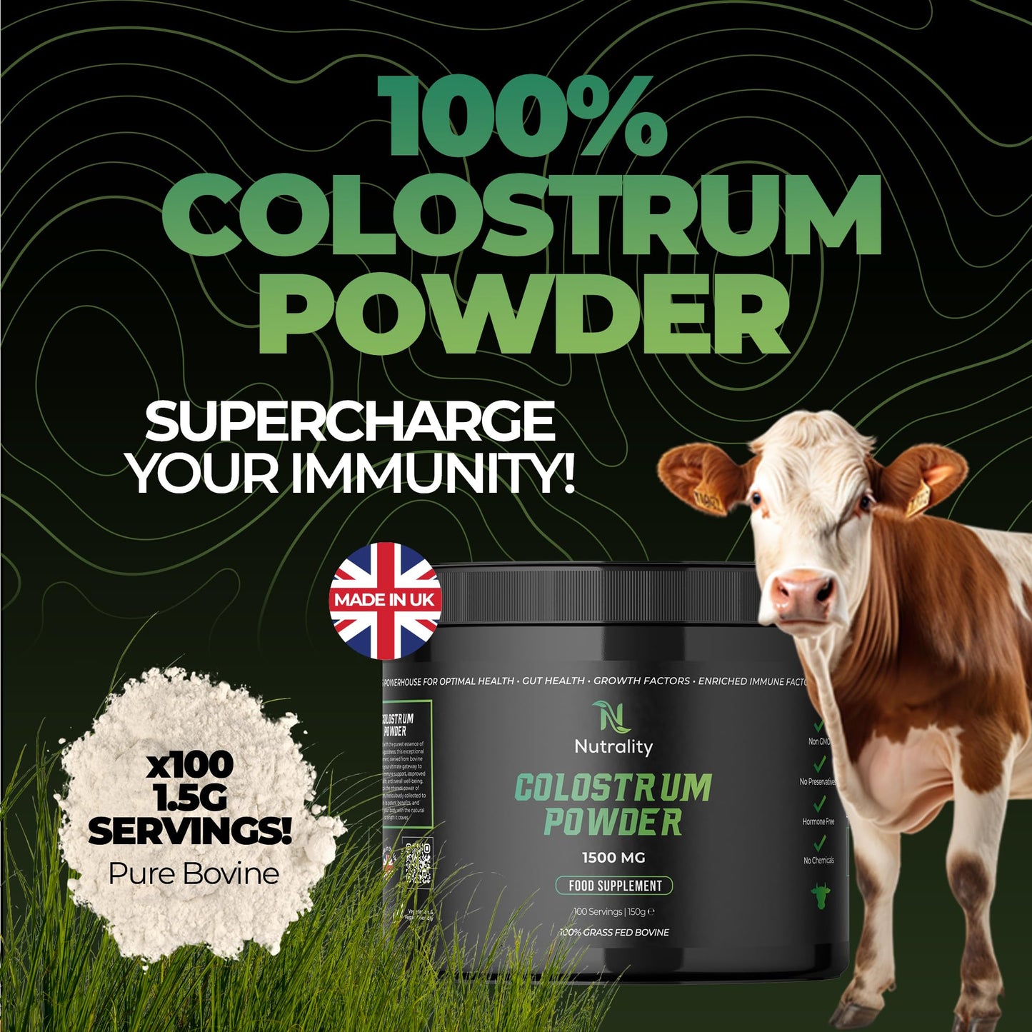 Nutrality 100% Bovine Colostrum Powder 1500mg | for Gut Health & Immune Support | Colostrum Supplement for Men & Women | Gut Health Supplements for Energy, Gut Repair & Human Parasite Detox