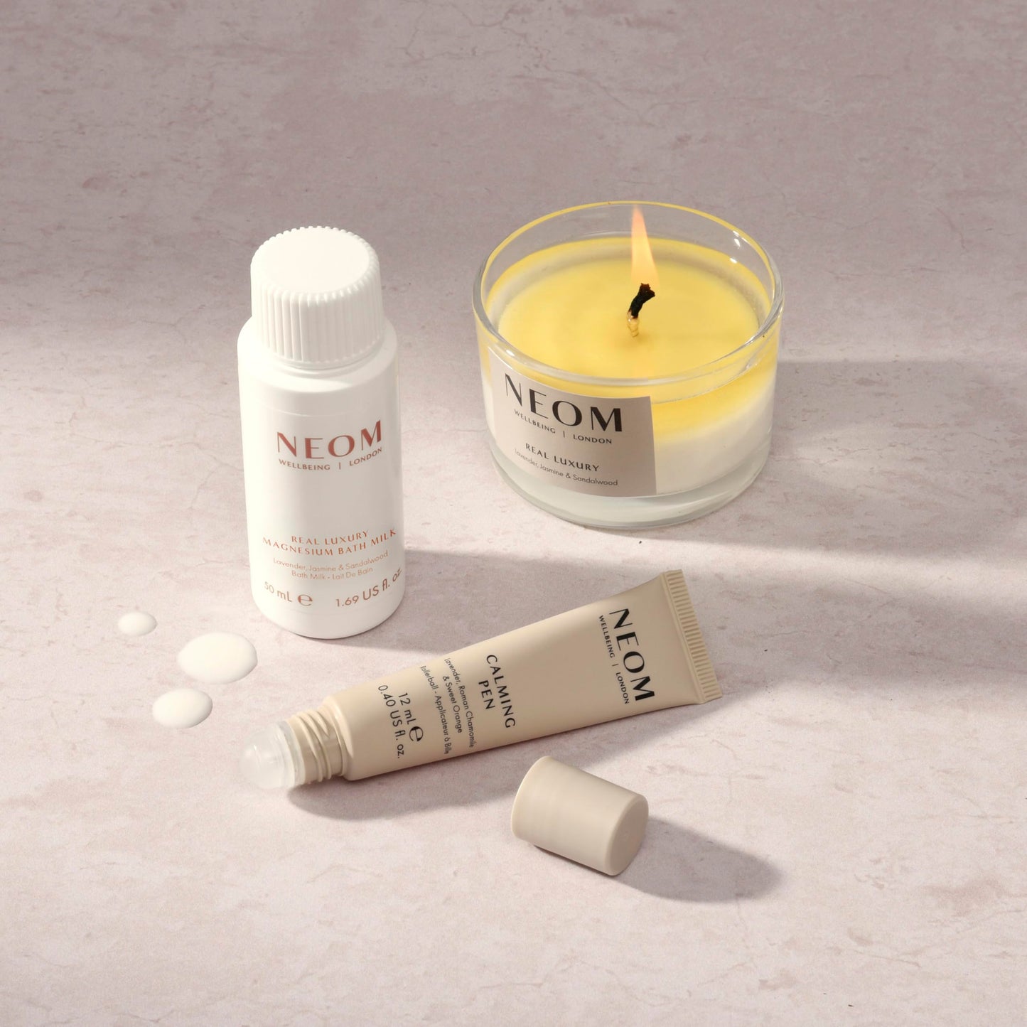 NEOM- Giving Good Calm De-Stress Trio Gift Set | Real Luxury Scented Candle, Magnesium Bath Milk & Calming Pen