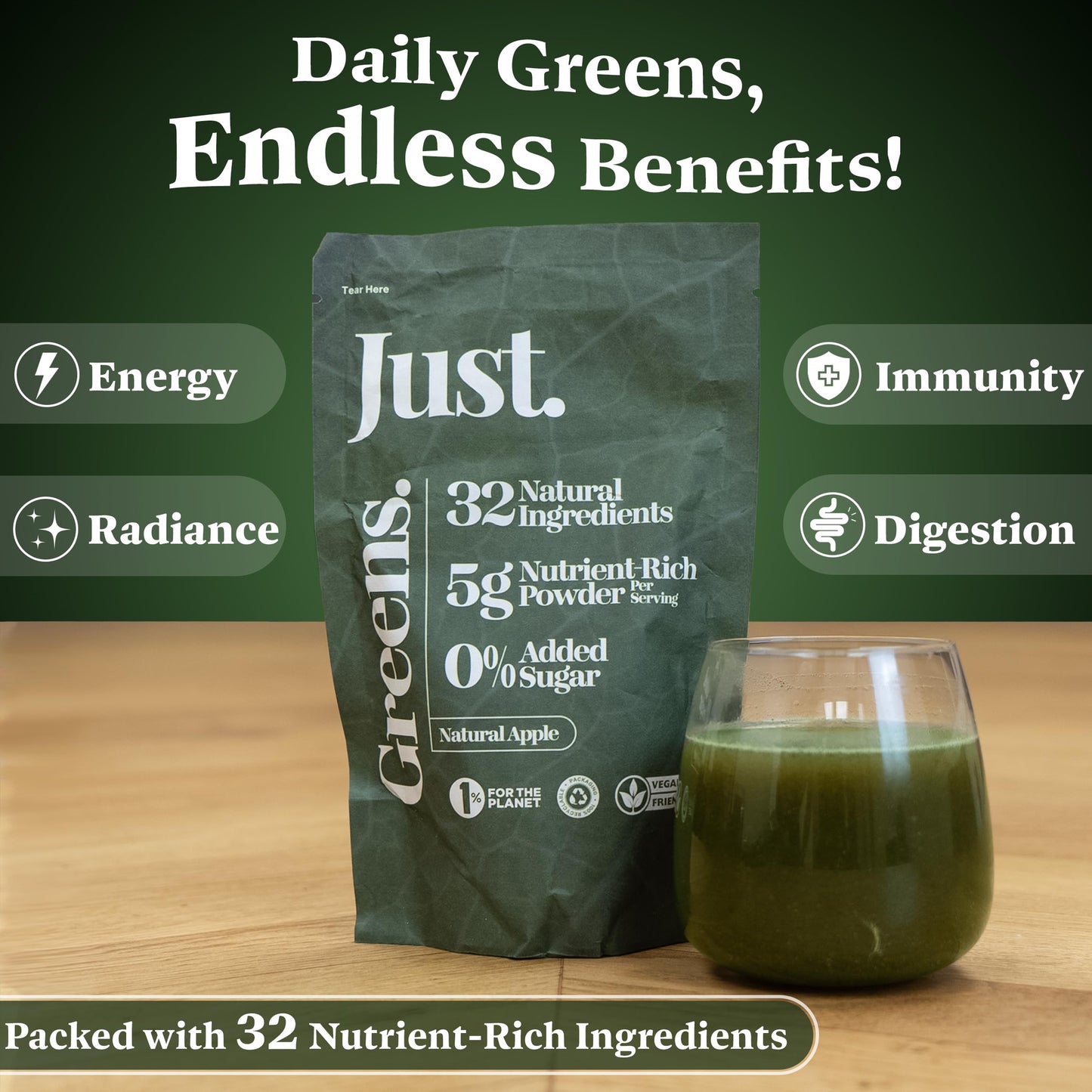 JUST Greens Powder 150g Superfood Supplement for Gut Health, Detox, Energy & Weightloss, Supergreens Packed with Fibre, Protein, Collagen & Vitamins