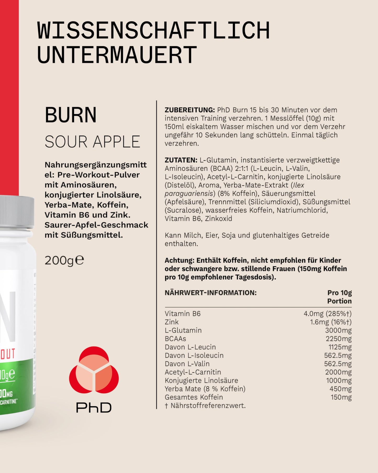 PhD Burn Pre Workout Powder with L Carnitine for Women and Men, Rich in CLA, High Caffeine for pre-Workout, Sour Apple Flavour, 20 Servings (200g)
