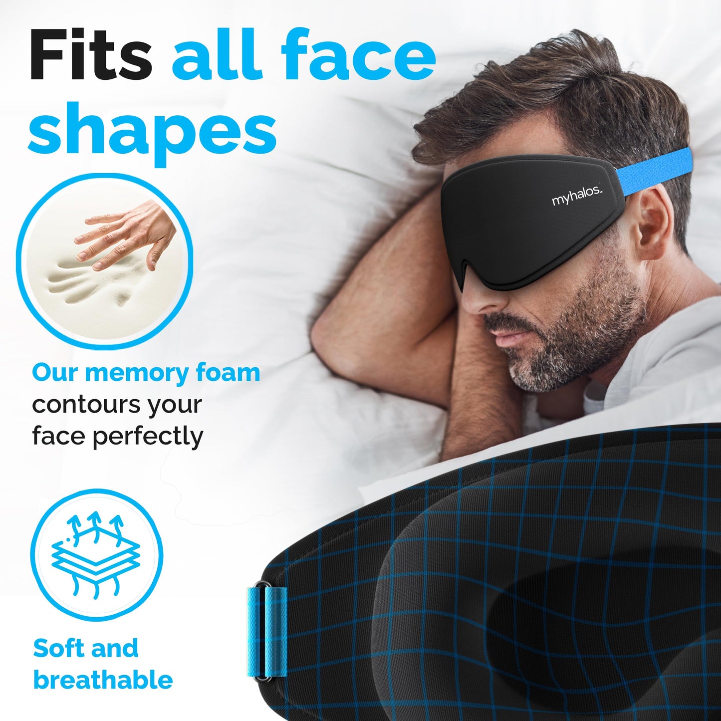 MyHalos® 100% Blackout Sleep Masks for Women & Men - Zero Eye Pressure Eye Mask for Sleeping -Our Halo Sleep Mask Includes a Storage Pouch- Black Eye Mask for Travel or Blindfold