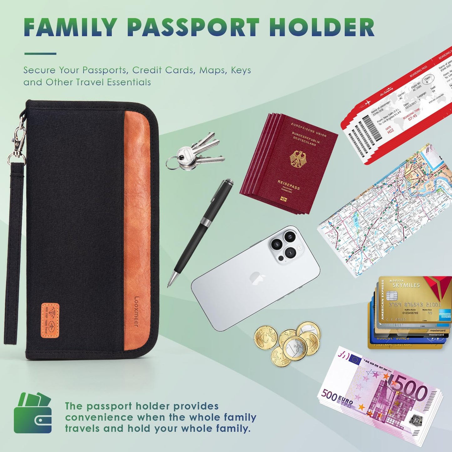 Looxmeer Travel Wallet, Family Passport Holder, RFID Blocking Travel Accessories Organizer for Tickets, Cards, Cash, Holiday Essentials Case Cover for Man & Woman