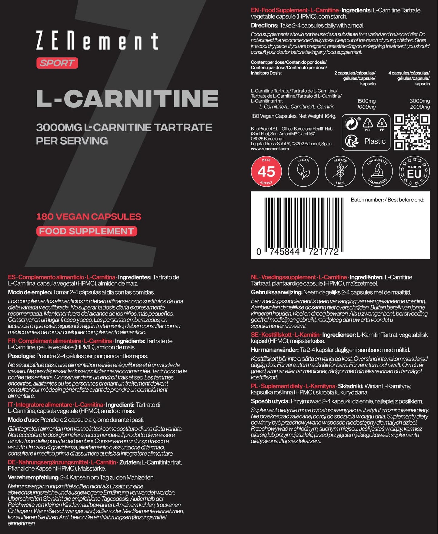 L-Carnitine 3000 mg – 180 High-Dosage Capsules – for an Active Lifestyle – Vegan Capsules, Free from Gluten, Lactose & Soy – Sports Supplement – Zenement