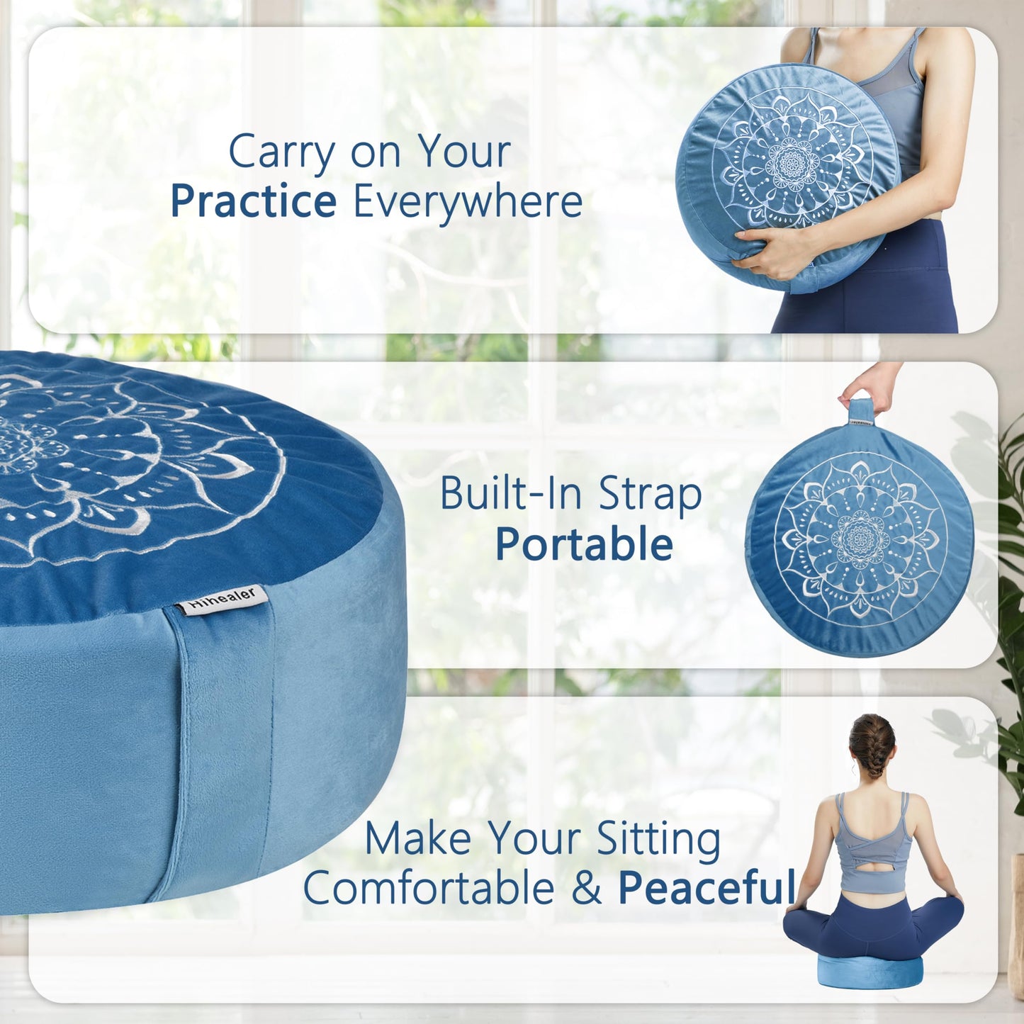 Hihealer Meditation Cushion with Extra Velvet Cover - Large Traditional Tibetan Meditation Yoga Floor Cushion Pillow Zafu Filled by Buckwheat Hulls, Great Gift for Women (Restful Light Blues)
