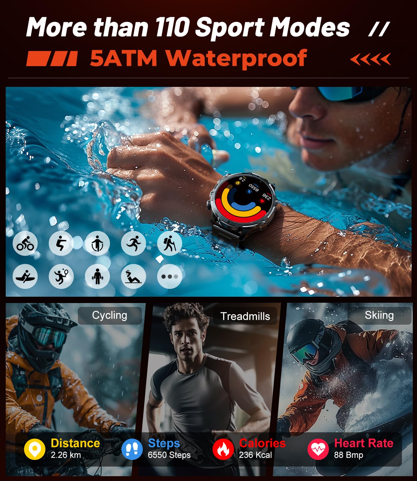 Military Smart Watch for Men with 800mAh and LED Flashlight, 1.85'' Smartwatch with Bluetooth Call/30+ Days Standby/Health Monitor, IP68 Waterproof Sport Tactical Fitness Tracker Watch for Android iOS