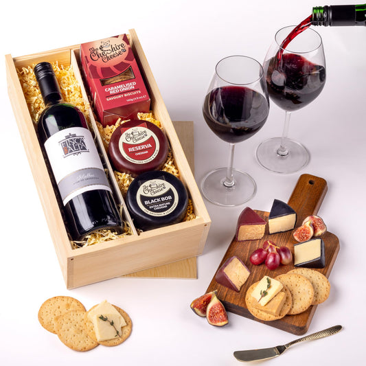 Cheshire Cheese Company | Duo of Cheese and Wine Gift Box – The Perfect Night In | Award Winning 2 Cheeses, 1 Biscuits & Red Wine Gift Set in Presentation Box | Luxury Food Hamper for Birthdays & more