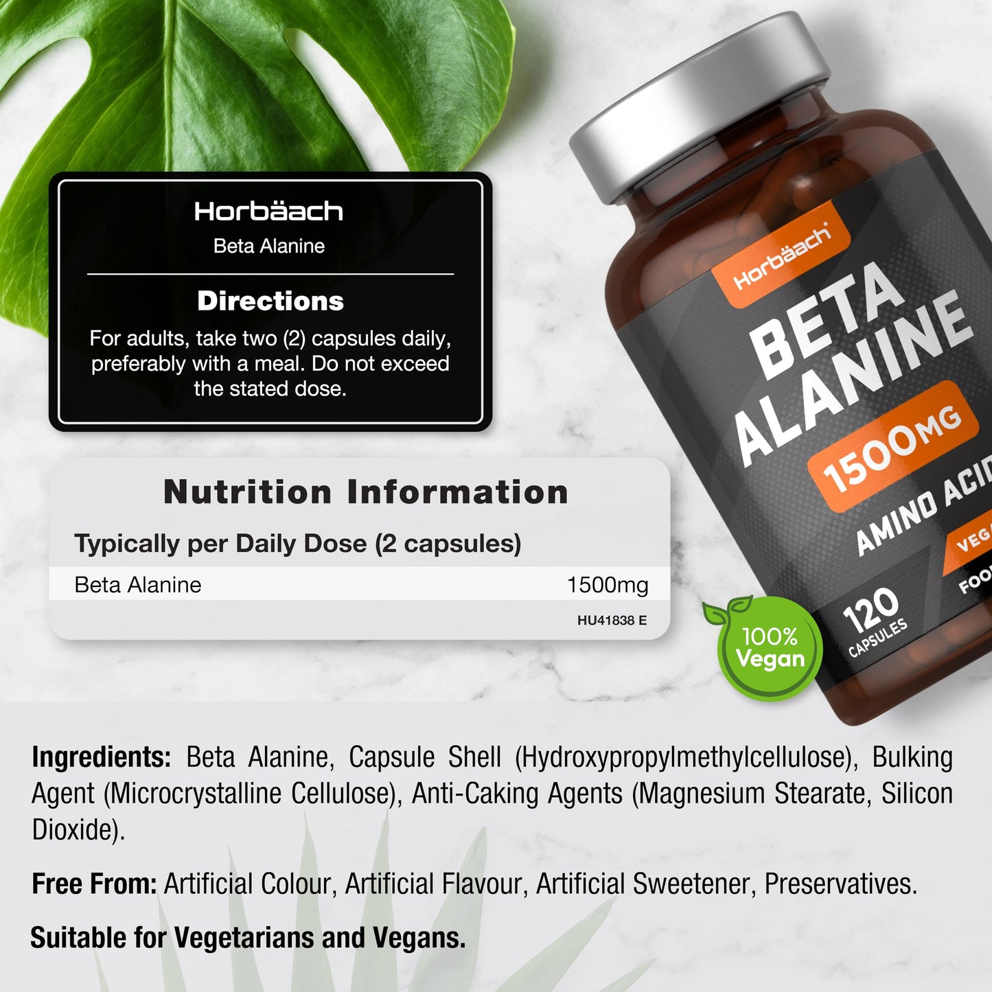 Beta Alanine 1500mg | 120 Vegan Capsules | Premium Amino Acid Supplement for Men & Women | by Horbaach