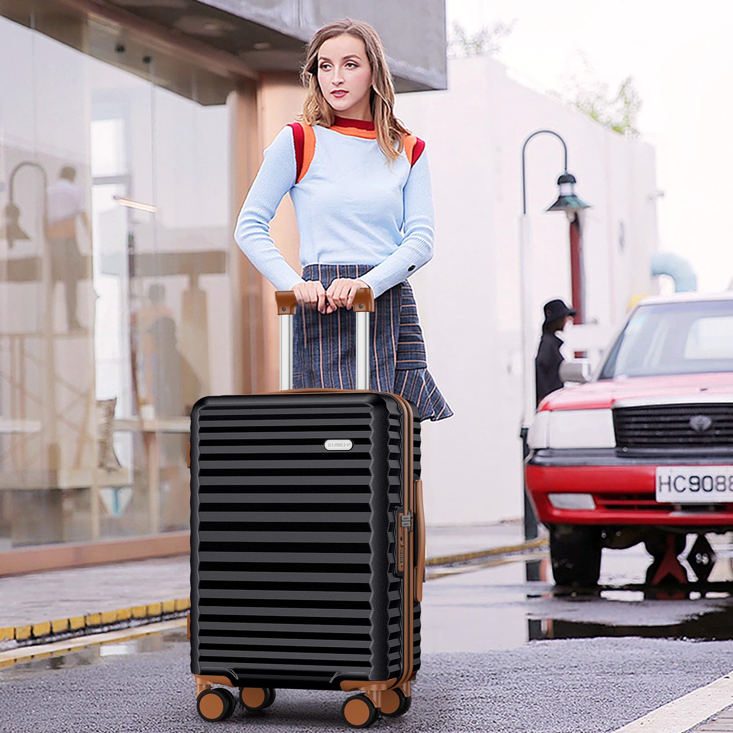 SHOWKOO Suitcase Sets 3 Piece Hardshell 100% PC Expandable Lightweight Carry on Travel Hand Luggage with Double Spinner Wheels & TSA Lock, Elegant Black
