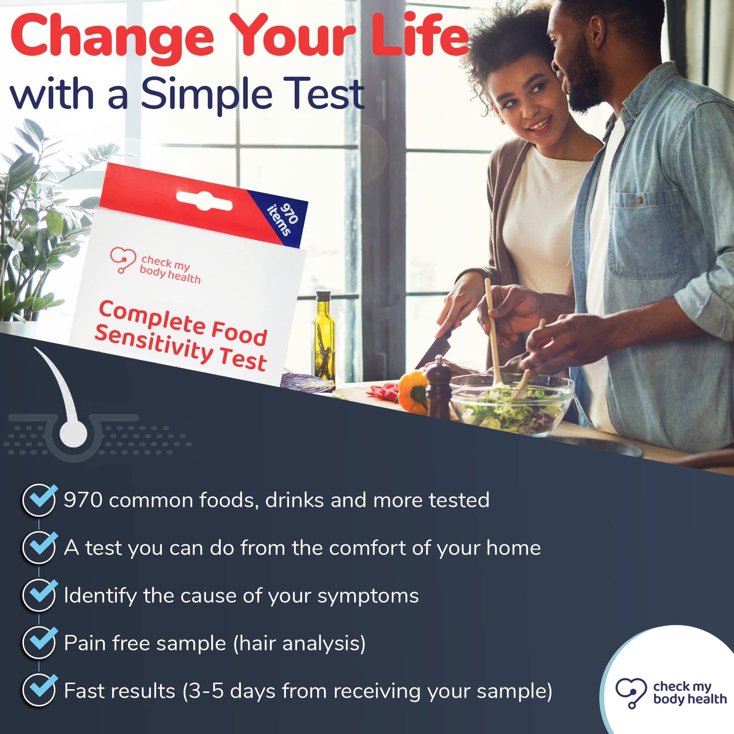Check My Body Health | Complete Food Intolerance Test | Check for 970 Different Intolerances | Easy to Use Home Hair Strand Testing Kit & Intolerance Screening for Adults | Results in 5 Days