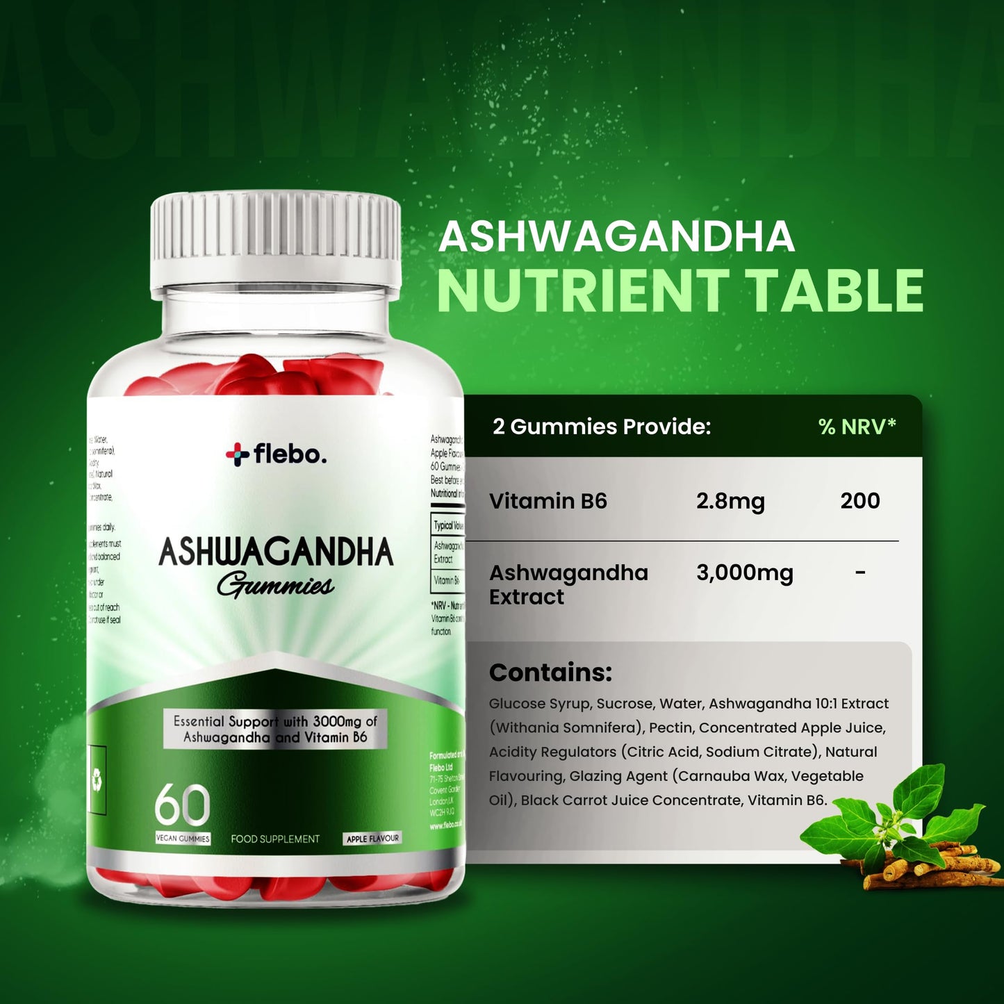 Flebo Ashwagandha High Strength Gummies, Vegan & Gluten-Free I Stress & Anxiety Relief for Adults, Ashwagandha Gummies Supplement for Relaxation and Wellness 60 Two - A - Day I Apple Flavor