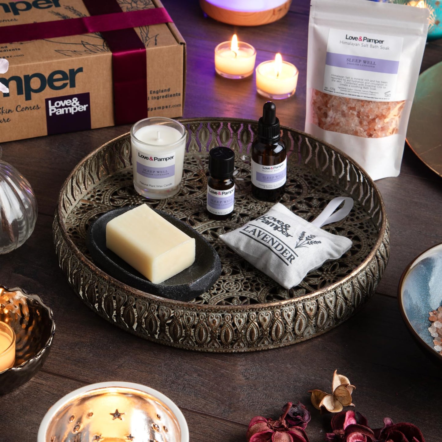 SLEEP WELL - Lavender Aromatherapy Pamper Gift Sets For Women Wellness, Essential Oil, Massage Oil,Himalayan Bath Salt,Soy Candle, Spa Lux Hand Made Soap, Lavender Seed Pillow Pouch