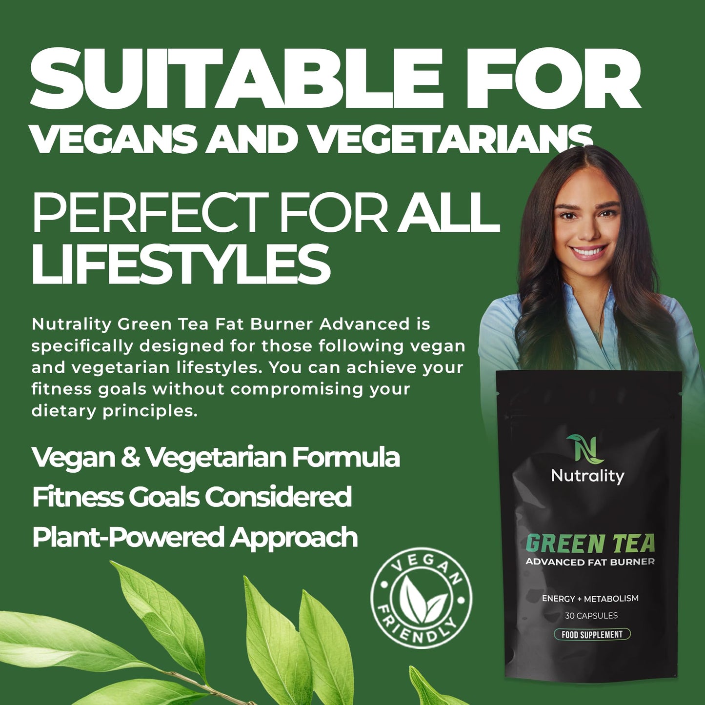 Nutrality Green Tea Advanced Fat Burner Supplement | for Men & Women | Weight Management, Metabolism Boost & Appetite Suppressant | 30 Vegan Capsules