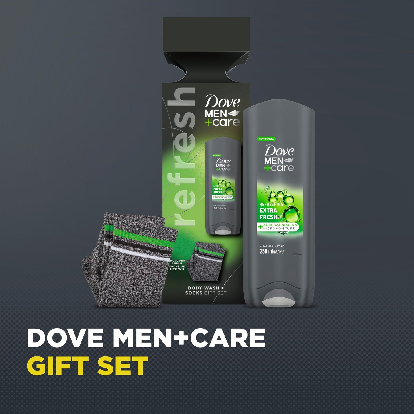 Dove Men+Care Body Wash & Socks Gift Set 3-in-1 hair, face & body wash and socks in a stylish box perfect gifts for men 1 piece