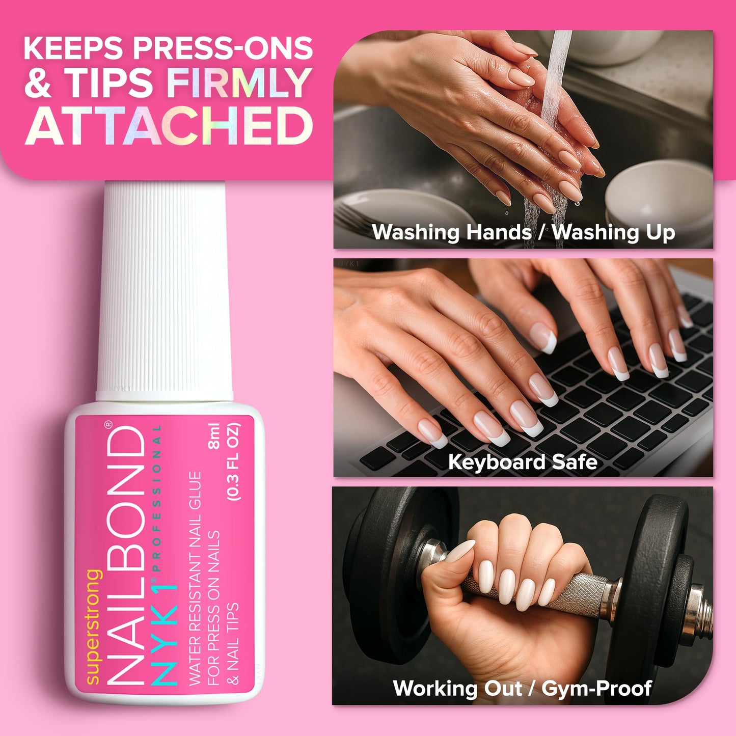 Super Strong Nail Glue for Press On Nails, Tips & False Nails (8ml) NYK1 NailBond Brush On Nail Glue Extra Strong for Press Ons, Tips & Acrylics - Long Lasting, Maximum Strength, Mess-Free Application