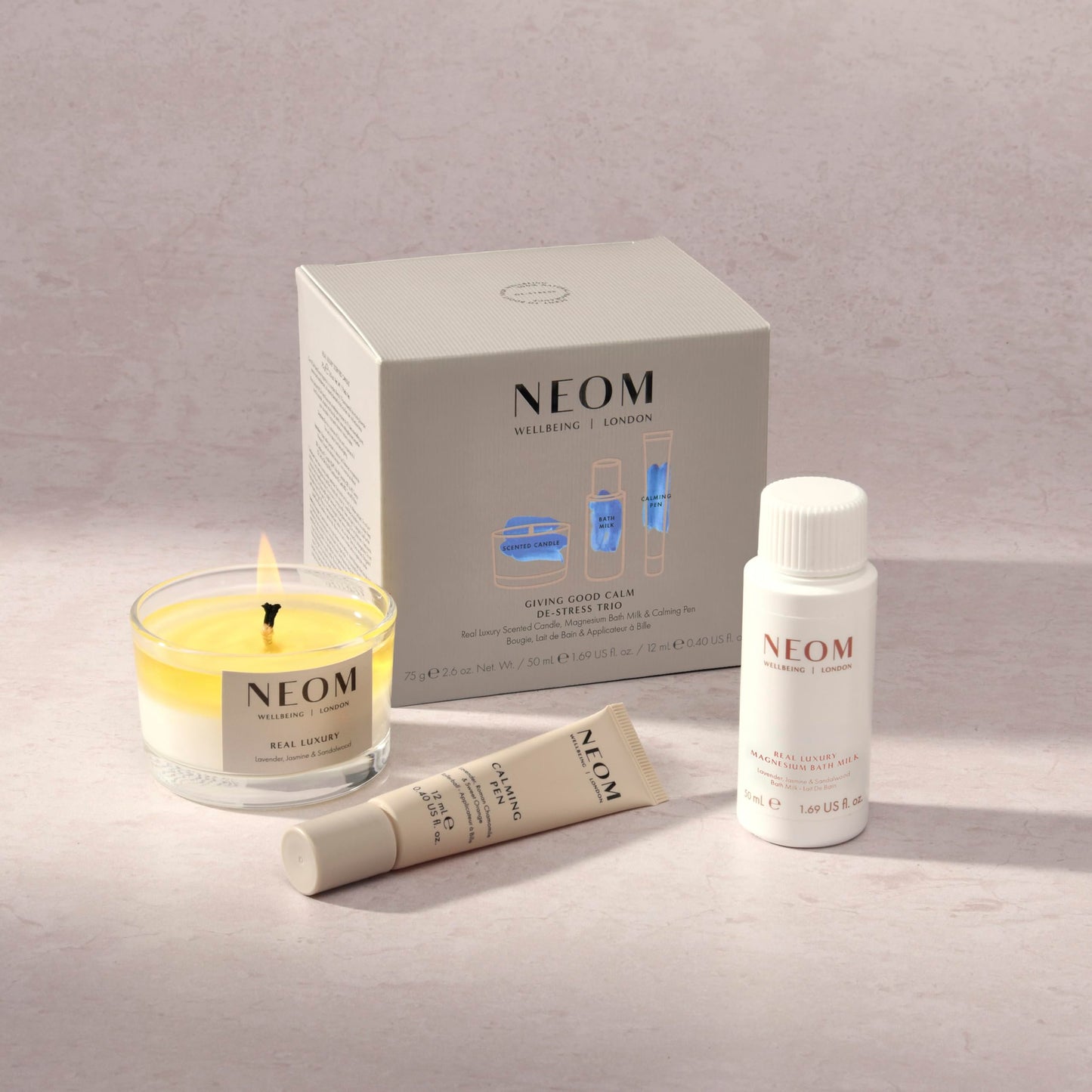 NEOM- Giving Good Calm De-Stress Trio Gift Set | Real Luxury Scented Candle, Magnesium Bath Milk & Calming Pen