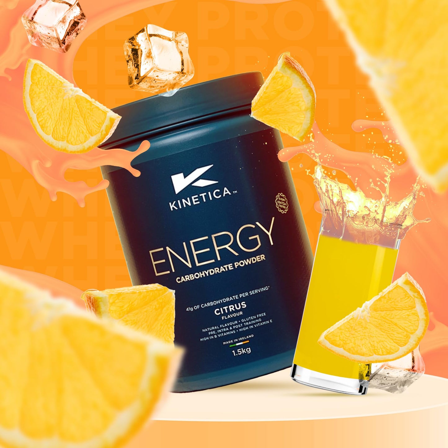 Kinetica Sports Energy Powder - Citrus Flavour | 41g Carbs/Serve, 30 Servings/1.5Kg | 3:1 Glucose to Fructose Ratio | High in Vitamin B1, B5, B6, B7, B12 | Instant Energy Carbohydrate Drink