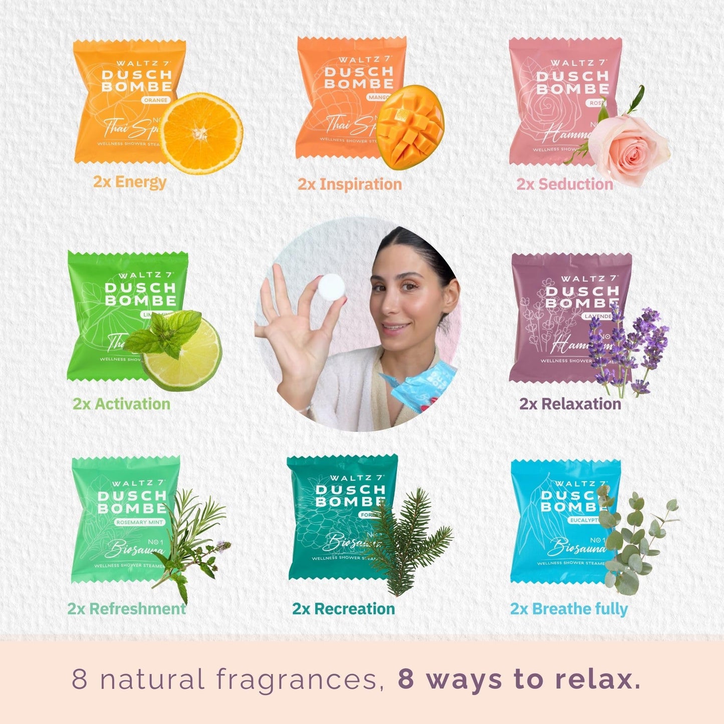 WALTZ 7 Shower Steamers Set, 16 Pieces, 8 Scents, Shower Bombs Made in EU, Natural Essential Aromatherapy Oils, Unique Spa Stress Relief, Pamper Gift for Women, Men, Mum, Grandma, Birthday