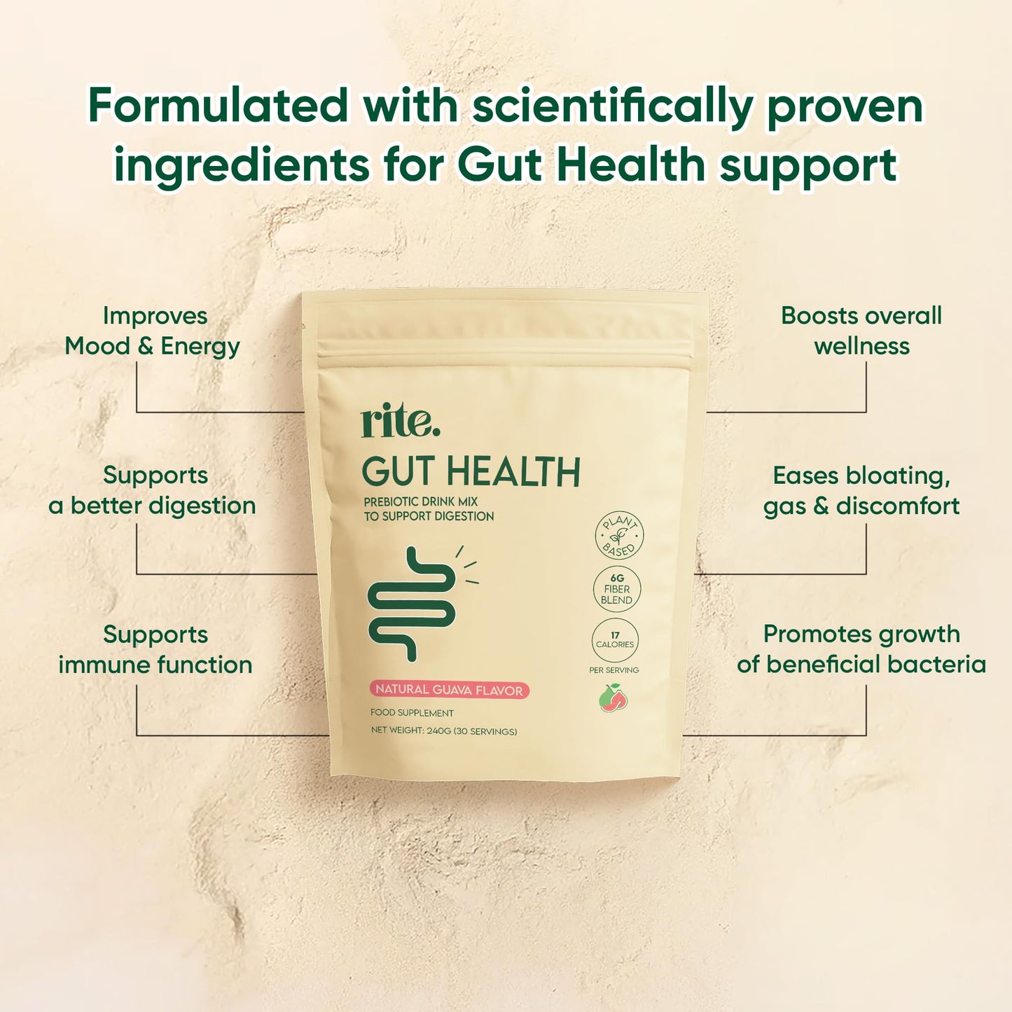 Rite Gut Health Prebiotic Supplement, High Fibre, Soluble Fibre Powder, Digestive Health, Vegan, Guava Flavour (30 Servings, 1 Month)